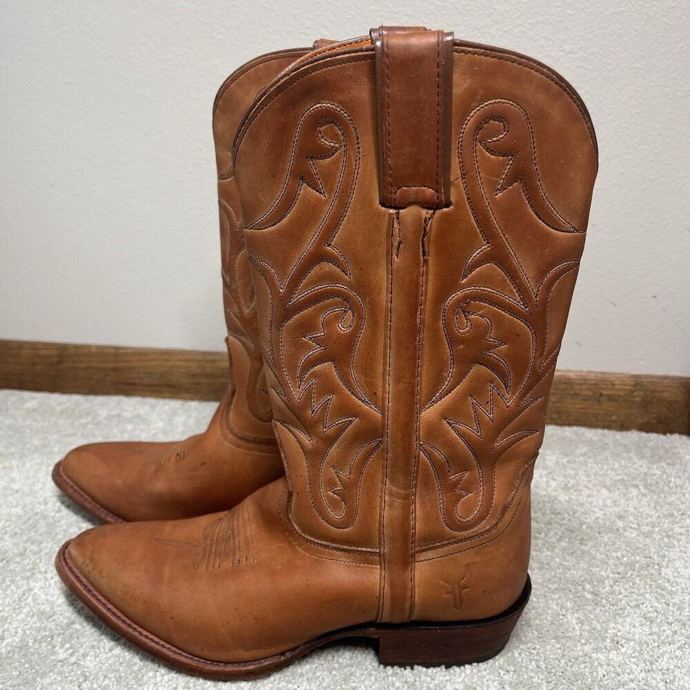 Frye Bruce Leather Cowboy Boots Women 8.5 B Embroidered Brown Pull On Mexico